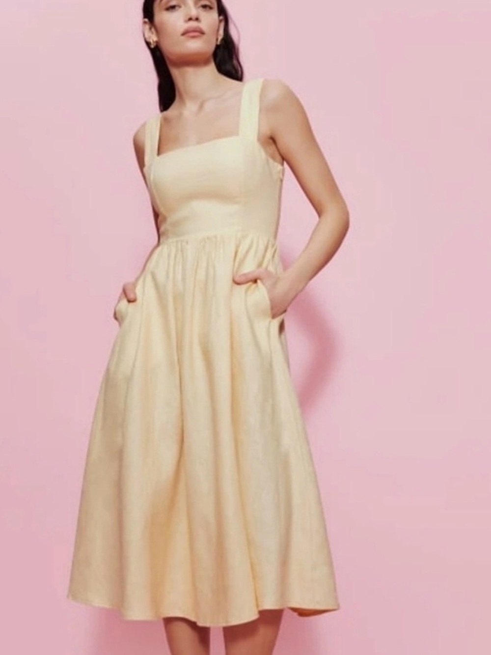Reformation Pale Yellow Square-Neck Midi Dress